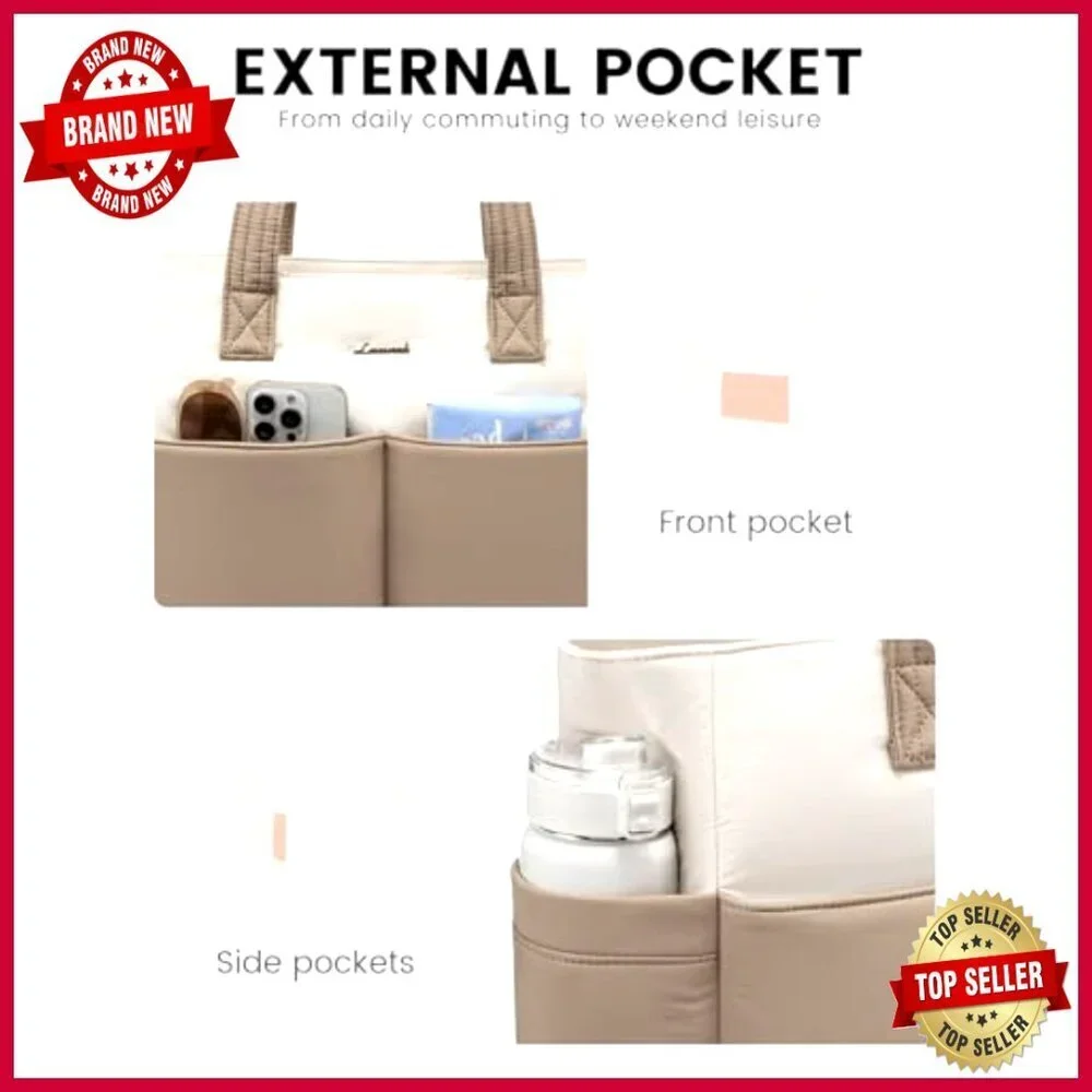 Waterproof Puffer Tote Bag with 8 Pockets, 17.3 Inch Laptop Compartment